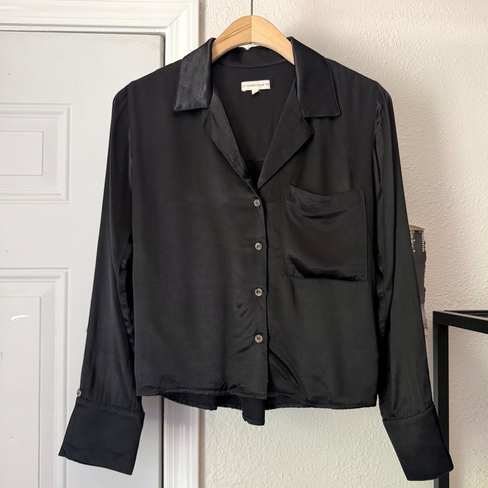 WHIMSY + ROW black satin rayon boxy cropped button up long sleeve shirt blouse